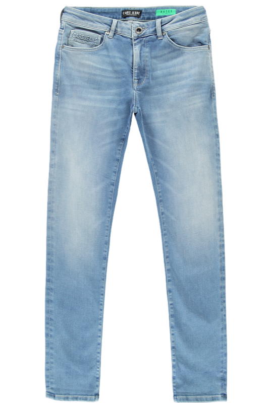 Ontdek de Bates Jeans van Cars Jeans: stijlvolle slim fit jeans van stretchdenim met perfecte pasvorm. Tijdloos design, ideaal voor elke gelegenheid. Voorkant. licht blauw kluer. Shop nu!